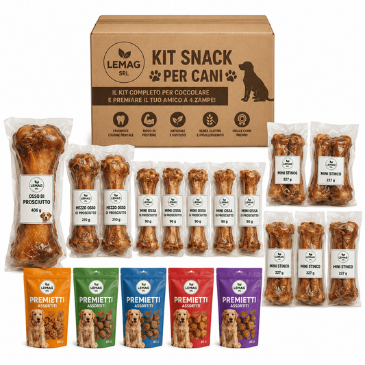 Kit Snack per Cani Assortiti Ossa Prosciutto Mini Stinco Premietti Naturali Snack Masticativi - Lemag srl