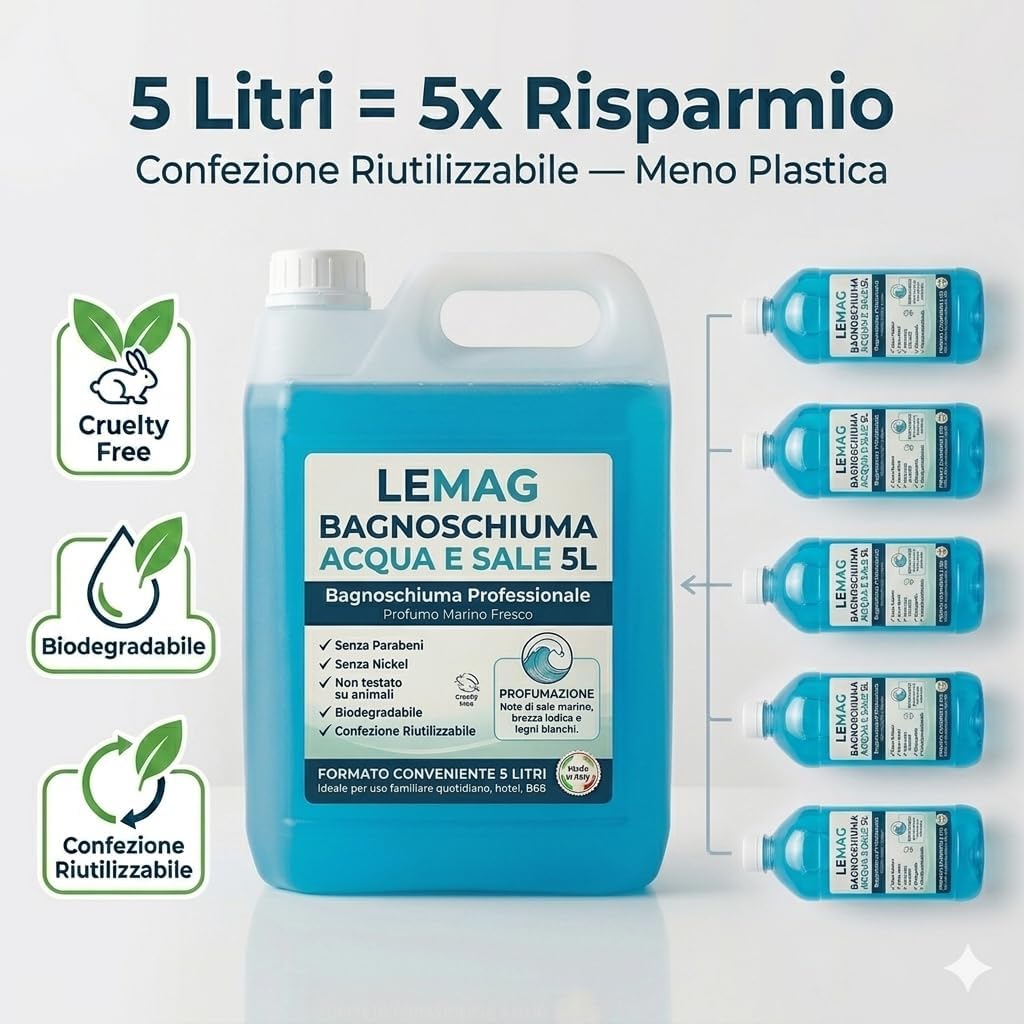 Bagnoschiuma Acqua e Sale 5 Litri — Docciaschiuma Profumo Marino Fresco con Note di Sale e Brezza Iodica, Senza Parabeni e Nickel, Biodegradabile, Cruelty Free — Made in Italy - Lemag srl
