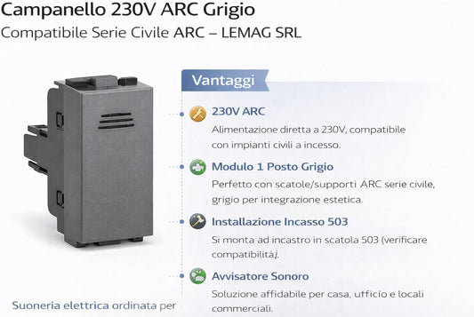 Campanello 230V serie civile ARC grigio suoneria da incasso 1 modulo – dettaglio