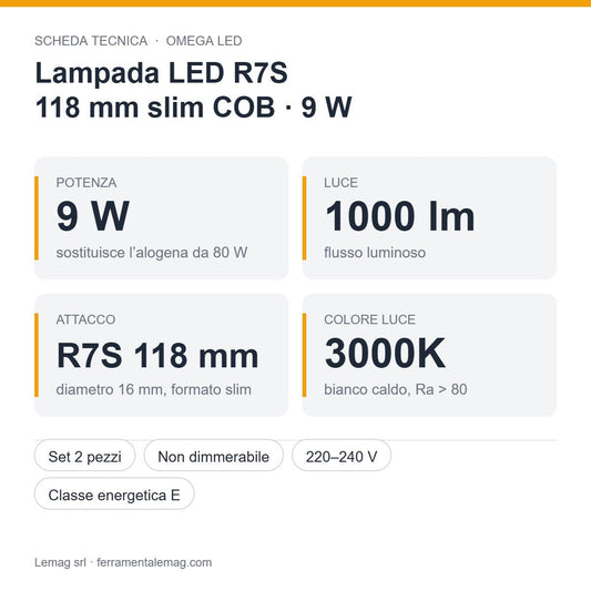 Lampada LED R7S 118 mm 9W 1000 lm 3000K – Set 2 Pezzi – Sostituisce l'Alogena da 80 W - Lemag srl