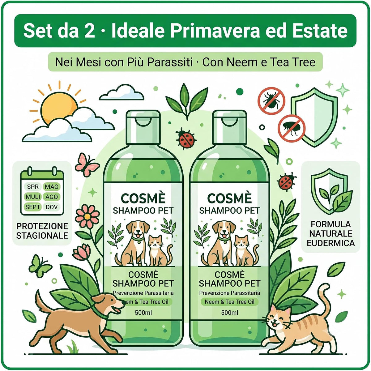 Set da due flaconi di shampoo per cani al tea tree e neem con formula protettiva naturale ideale per la primavera e l'estate.