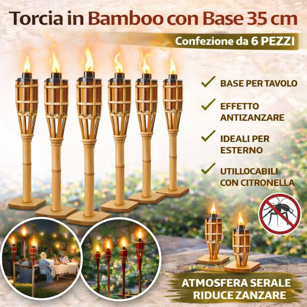 Torcia Bamboo con Base 35 cm 6 Pezzi Fiaccole da Tavolo Esterno - Lemag srl