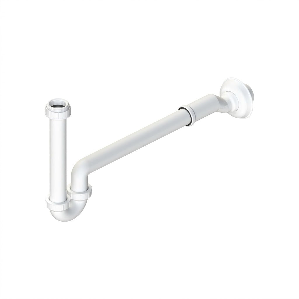 Modello di sifone eccentrico lavabo e bidet autopulente in plastica bianca per scarichi disassati.