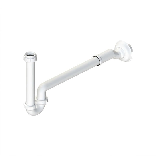 Modello di sifone eccentrico lavabo e bidet autopulente in plastica bianca per scarichi disassati.