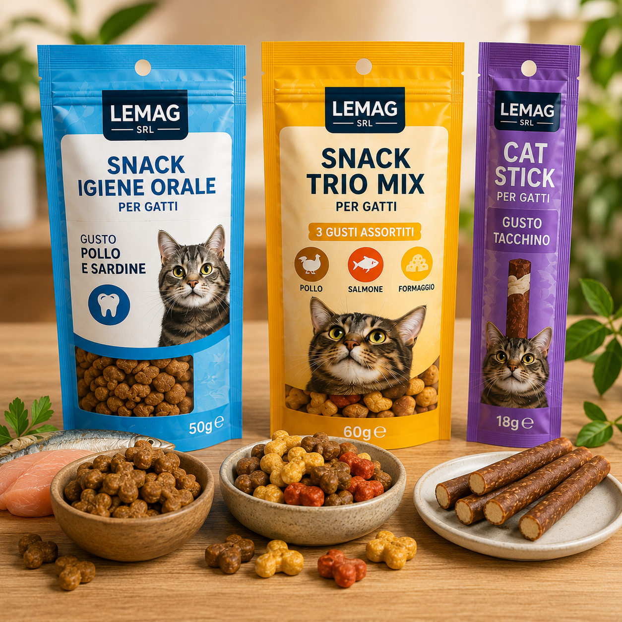 Kit Snack Gatto 9 Confezioni — 3x Igiene Orale 50g + 3x Trio Mix 60g + 3x Cat Stick 18g Naturale Senza Zucchero LEMAG - Lemag srl