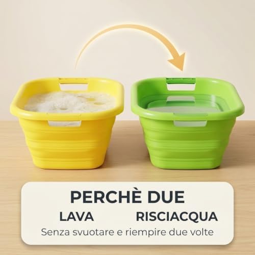 Bacinella Pieghevole 26 Litri – Set 2 Pezzi – Salvaspazio per Bucato, Ammollo, Campeggio e Camper – 54,5×39,5×23,8 cm - Lemag srl