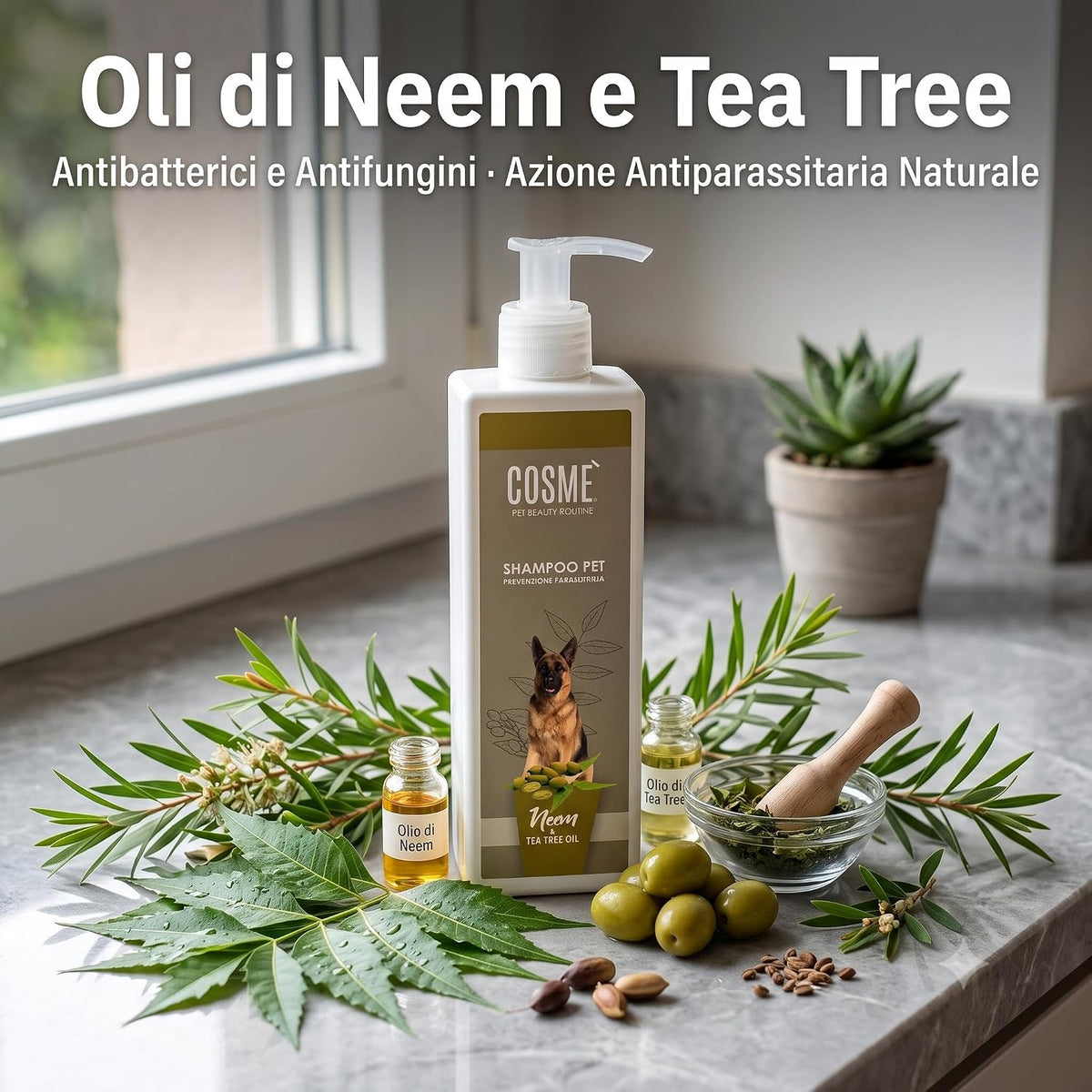 Flacone di shampoo per cani al tea tree e neem circondato da ingredienti naturali curativi come foglie e boccette di olio essenziale.