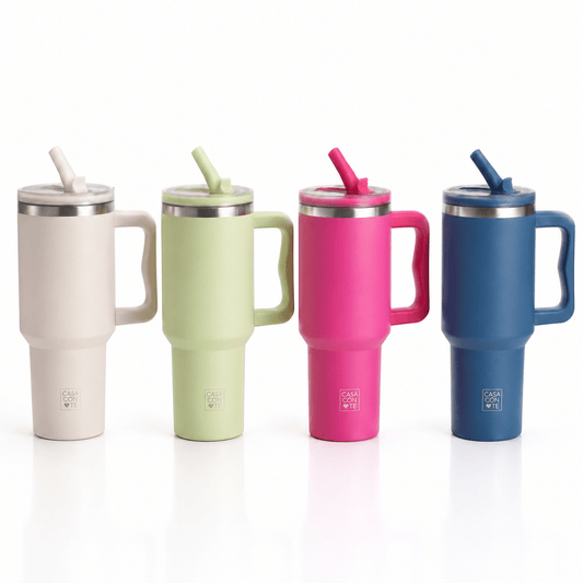 Borraccia Termica 1200 ml Set 2 Pezzi – Bicchiere Tazza Termica Acciaio Inox Doppia Parete con Manico e Cannuccia – Mantiene Caldo e Freddo – Colori Assortiti - Lemag srl