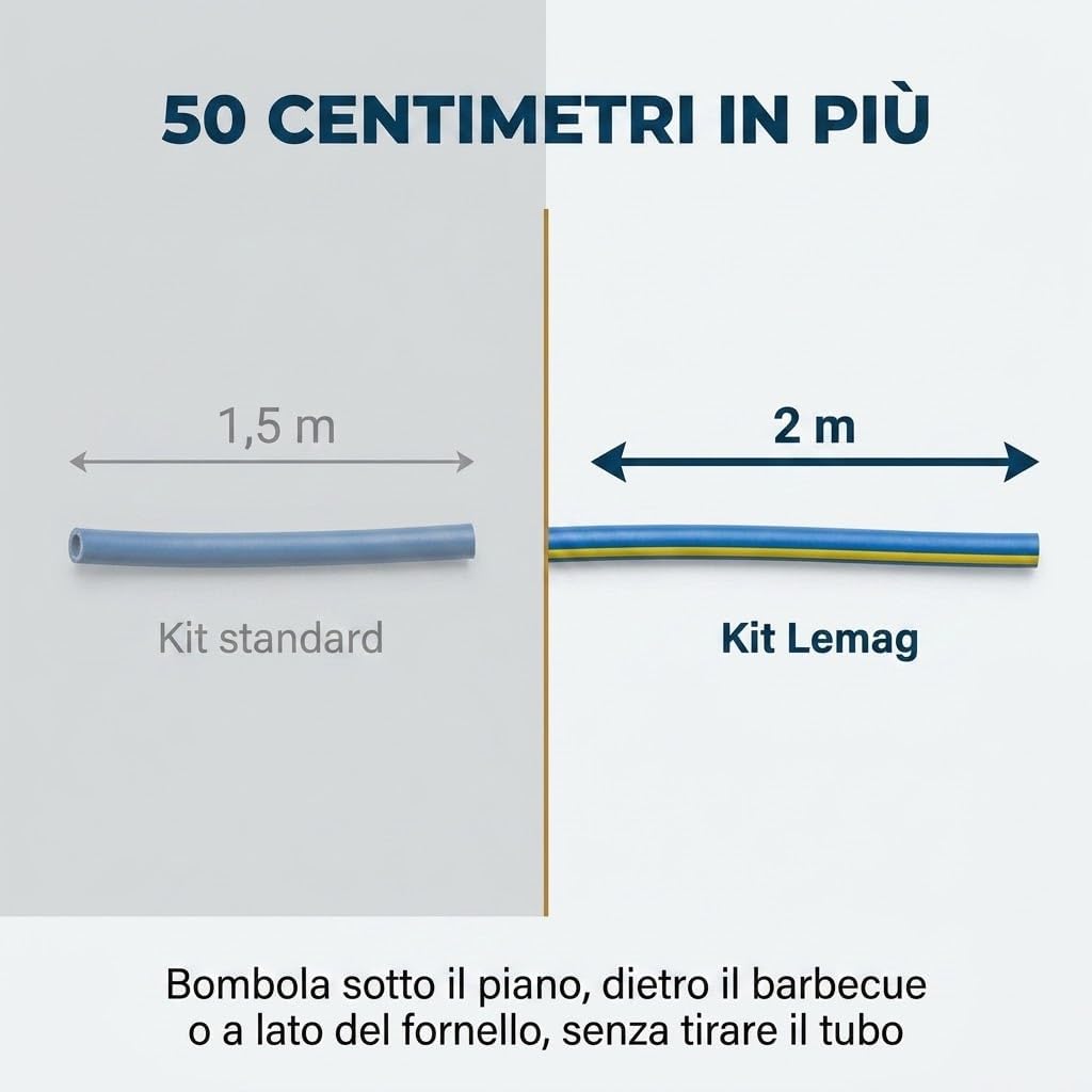 Regolatore Gas GPL 30 mbar Taratura Fissa – Kit Riduttore di Pressione Bassa Pressione per Bombola con Tubo Gas 2 m, 2 Fascette, Chiave Gas e Raccordo – Uso Domestico, Fornello, Barbecue - Lemag srl