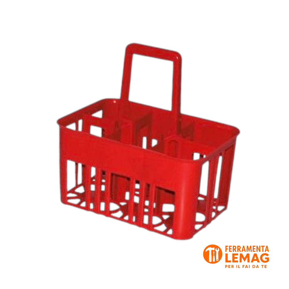 Cestello Portabottiglie Plastica 6 Posti Manico Centrale Robusto Colore Rosso - Lemag srl