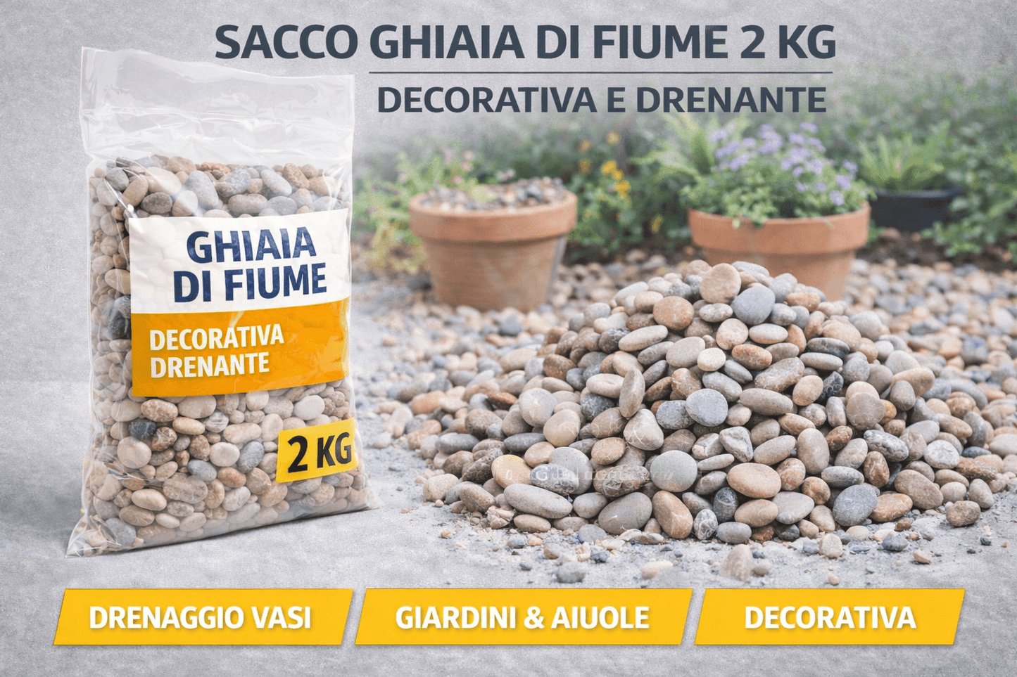 Sacco Ghiaia di Fiume 2 Kg Decorativa Drenante Per Giardino Vasi Aiuole - Lemag srl