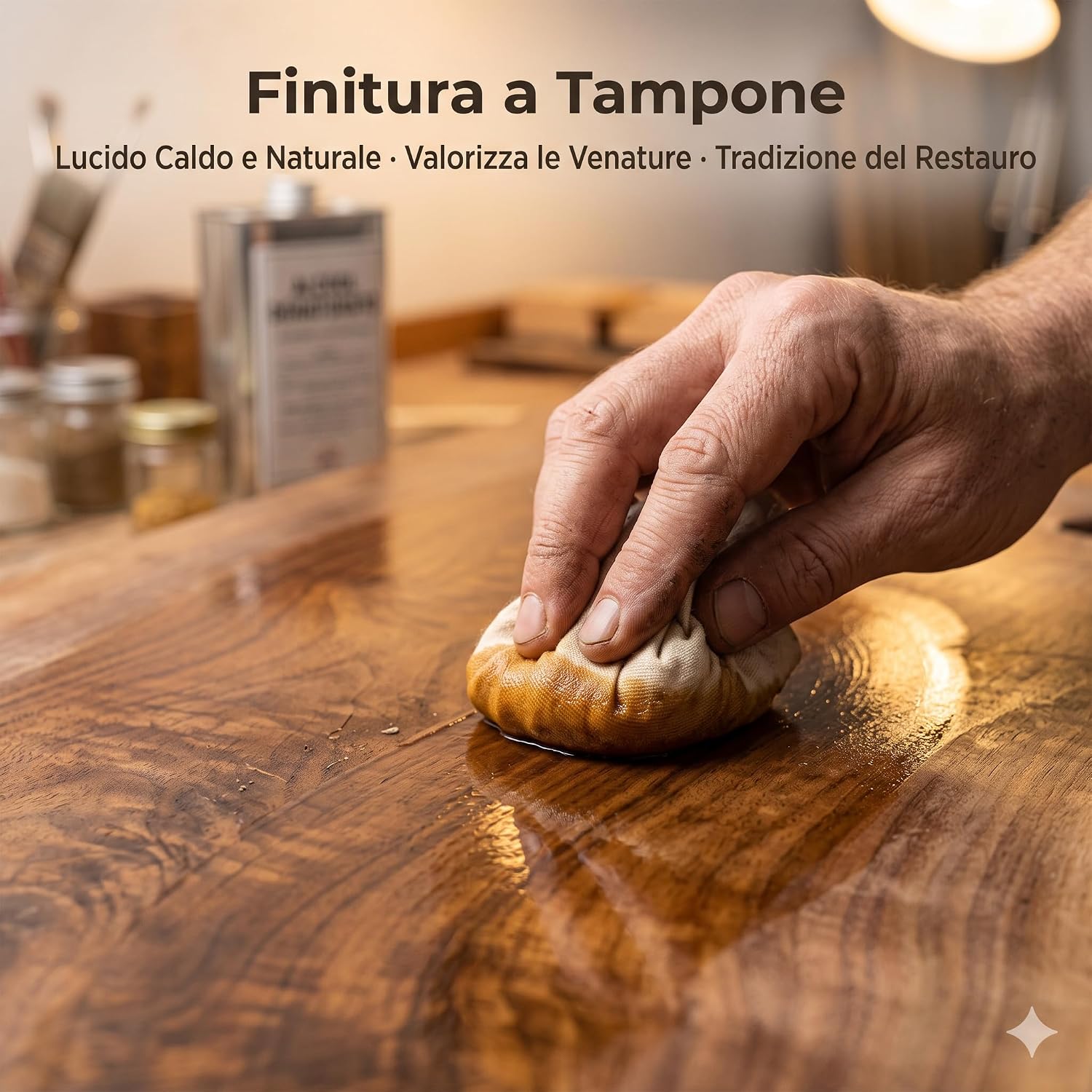 Finitura a tampone di un mobile in legno con vernice da gommalacca in scaglie per restauro professionale.