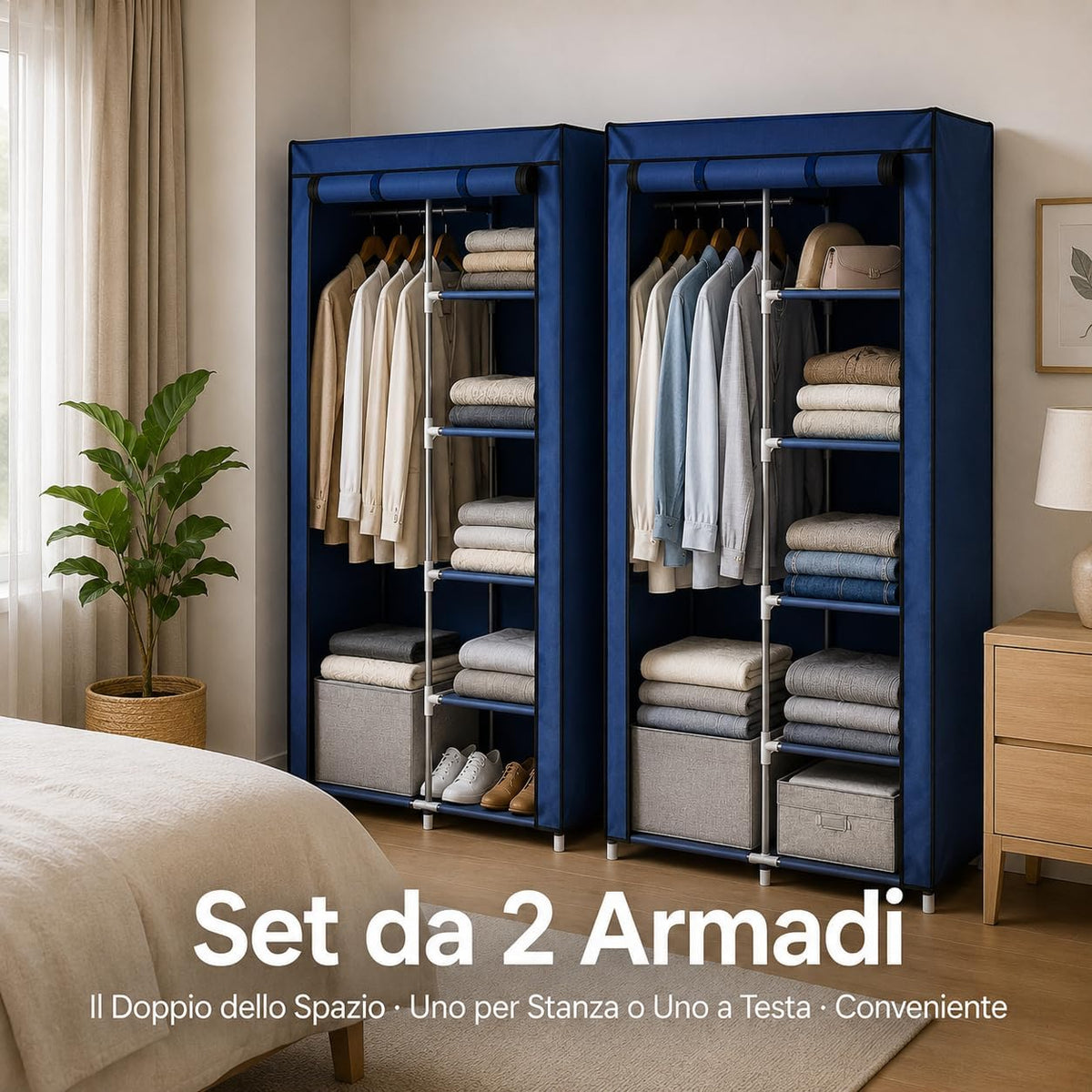 Set di due pratici modelli di armadio guardaroba in tessuto blu TNT per organizzare vestiti e scarpe in camera da letto.