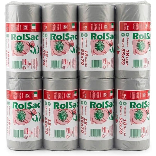 Confezione da 144 pezzi di sacchi spazzatura 40 litri con lacci RolSac divisi in 8 rotoli da 18 sacchi da 55x70 cm.