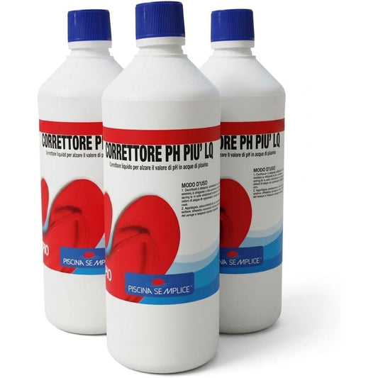 Tre flaconi di correttore pH liquido piscina per alzare il valore del pH dell'acqua di piscine interrate e fuori terra.