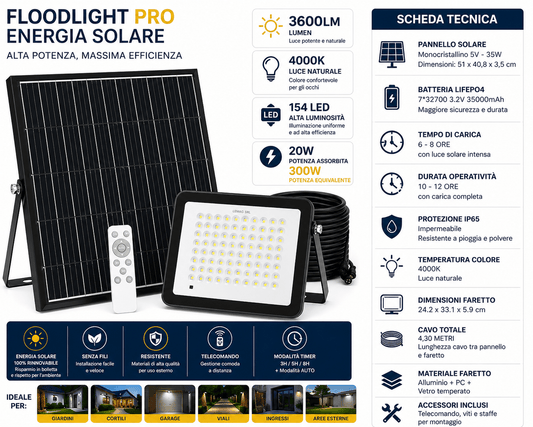 Faretto Pro Solare 3600LM IP65 4000K 154 LED 20W Equiv. 300W con Pannello 35W Batteria LiFePO4 Telecomando - Lemag srl