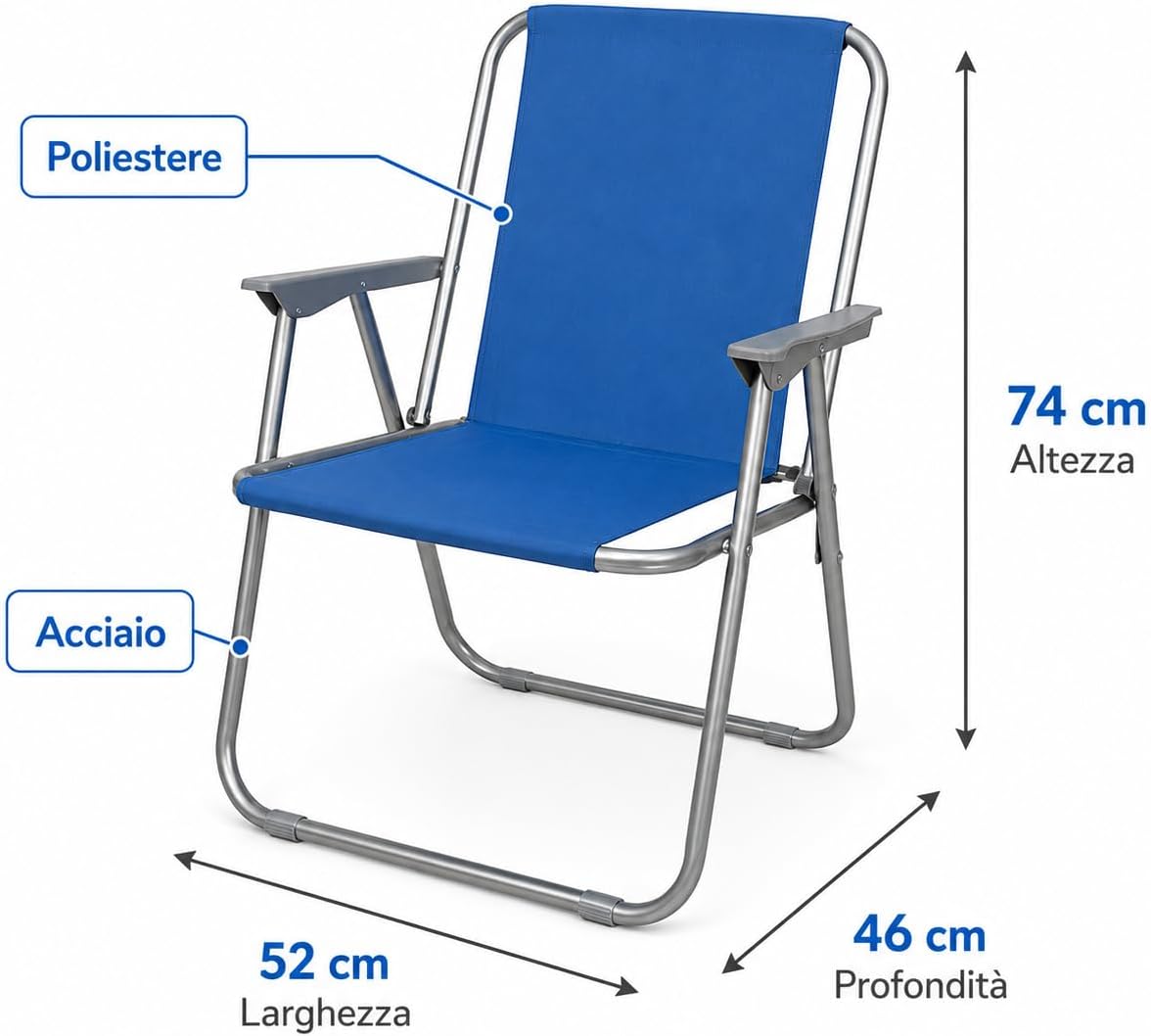 Set 2 Sedie Relax Blu 52x46x74cm – Struttura Acciaio e Poliestere | Sedia Pieghevole da Giardino Terrazzo Spiaggia | Resistente e Leggera | Coppia | Made in Italy - Lemag srl