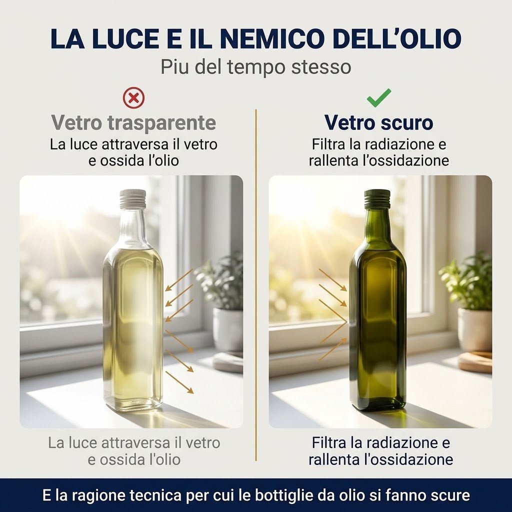 Confronto tra vetro trasparente e bottiglie per olio vetro scuro che filtrano la luce per prevenire l'ossidazione dell'olio.