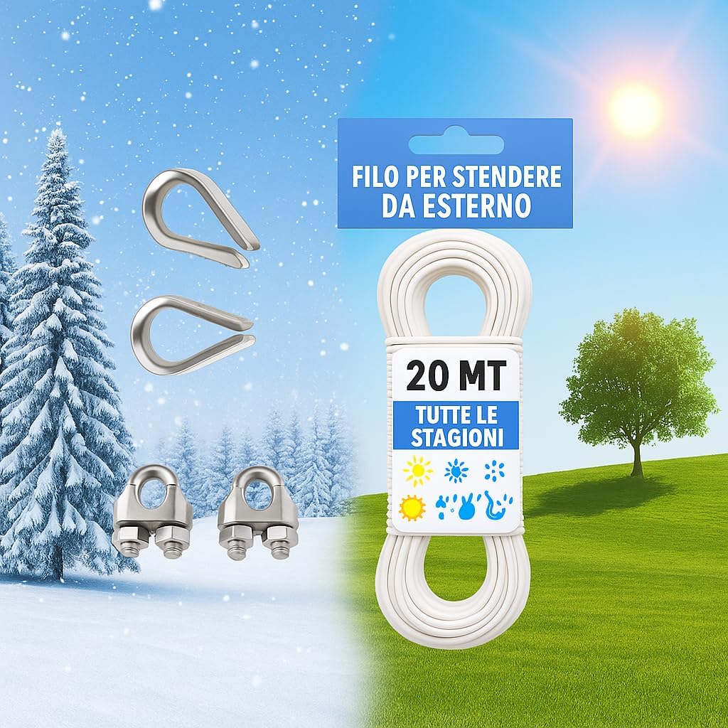 Filo Stendibiancheria Acciaio Rivestito 20 m con Moschettoni e Redance – Corda Bucato Esterno Resistente per Balcone e Terrazzo – Made in Italy - Lemag srl