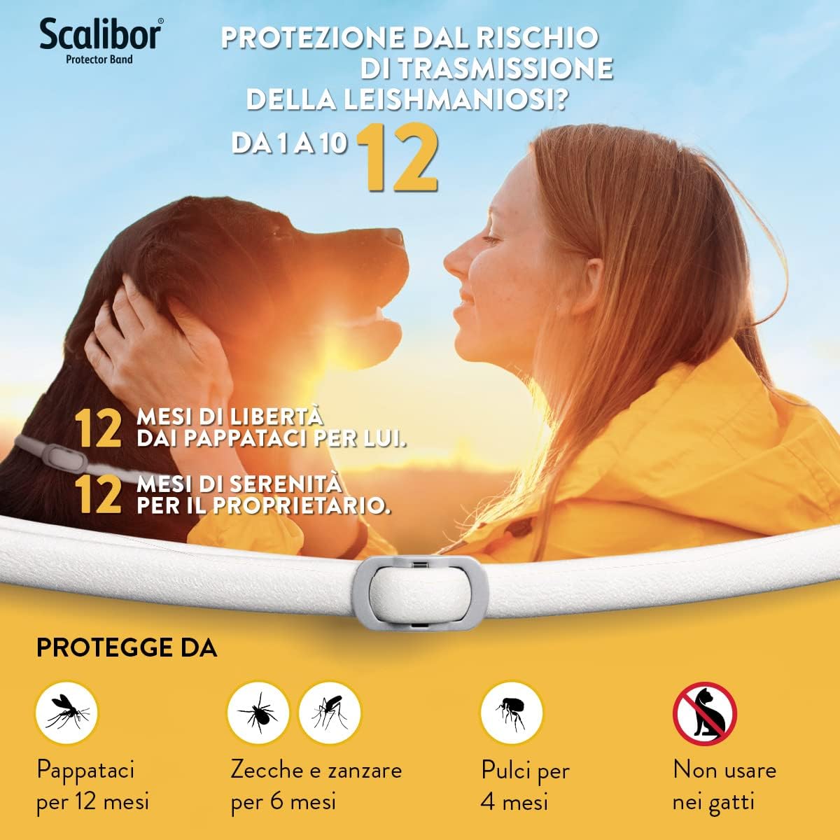 Donna che accarezza il suo cane protetto dal collare scalibor cani piccoli contro pappataci, zecche e pulci per 12 mesi.