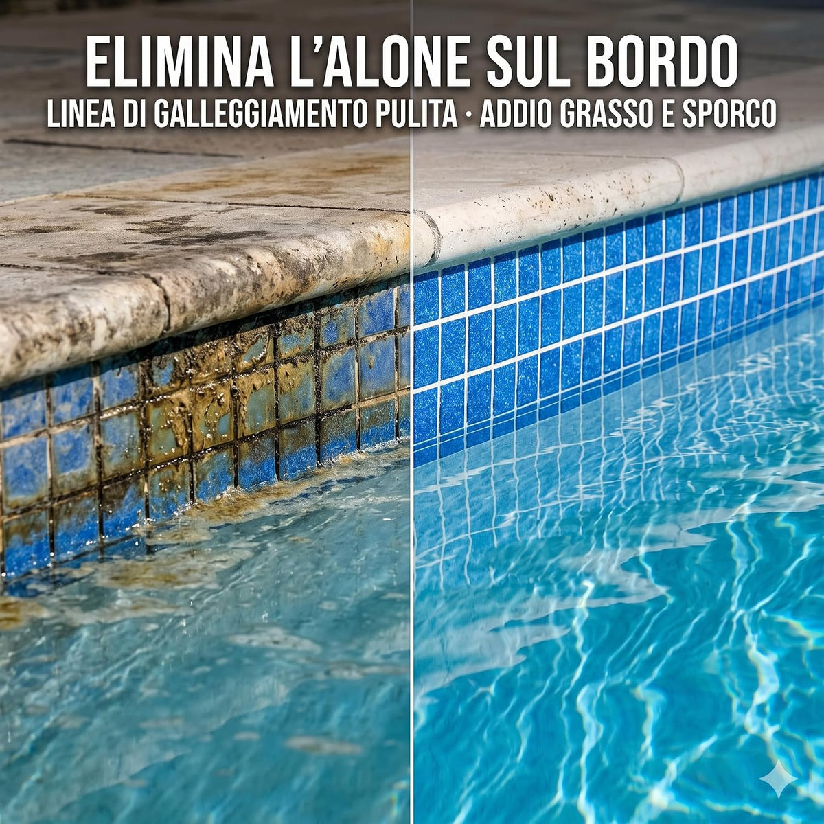 Bordo vasca prima e dopo la pulizia con detergente sgrassante piscina per eliminare sporco e aloni sulla linea di galleggiamento.