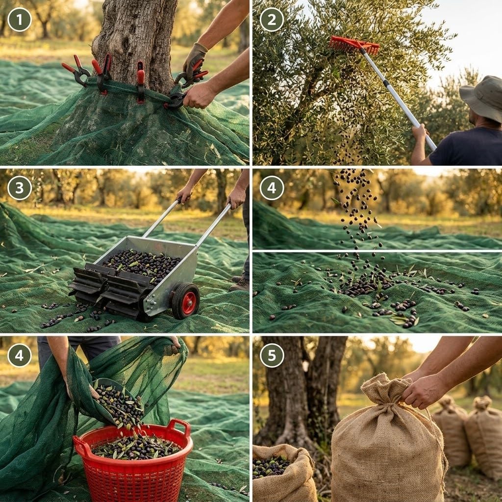 Passaggi illustrati per l'uso del kit raccolta olive Pro con rete antispina, raccoglitore e sacchi in juta.