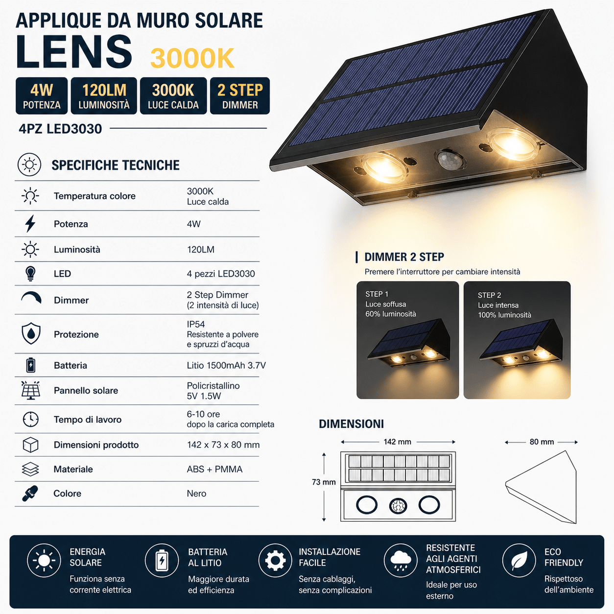 Applique da Muro Solare Lens 3000K IP54 4W 120LM Nero 2 Step Dimmer Batteria Litio 1500mAh per Esterno - Lemag srl