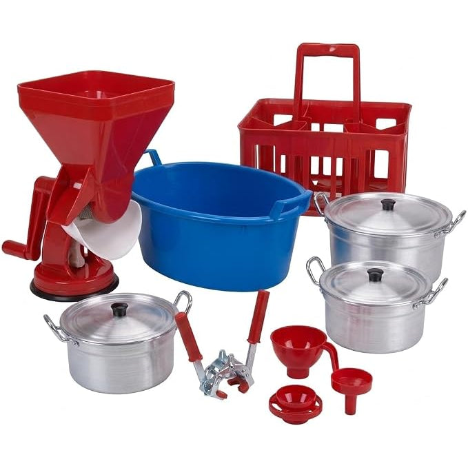 Kit per passata di pomodoro da 12 pezzi con passapomodoro gigante, bagnarola blu, pentole in alluminio e accessori per conserve.