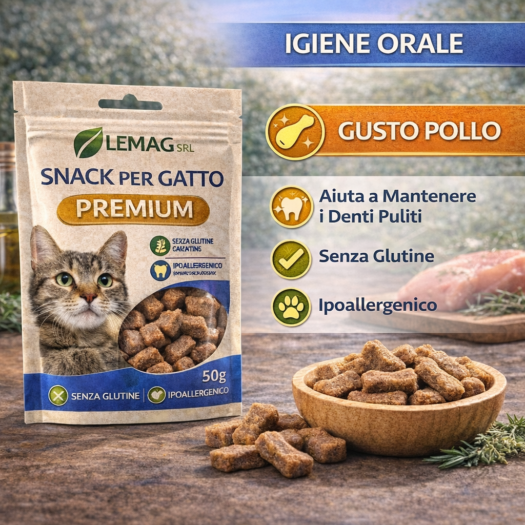 Snack per Gatto Premium 5 Confezioni da 50 g Senza Glutine Ipoallergenico Ricompensa LEMAG SRL - Lemag srl