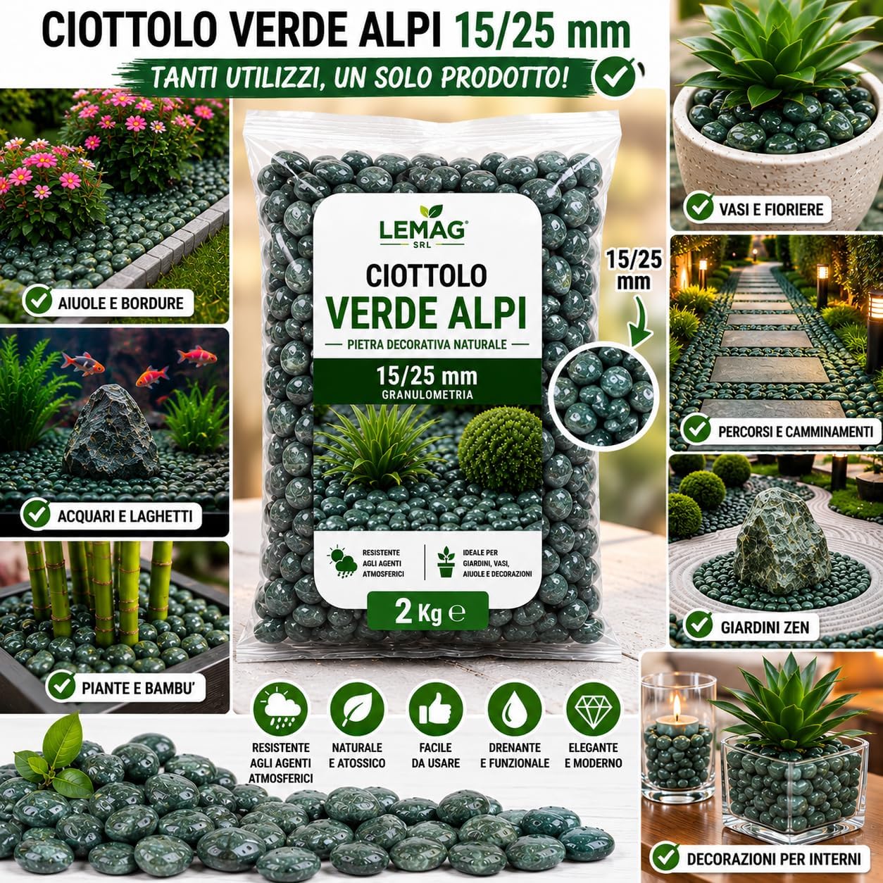 Ciottolo Verde Alpi 15/25 mm in Sacco da 2 kg Pietra Decorativa Naturale per Giardino Vasi Aiuole Interno Esterno - Lemag srl