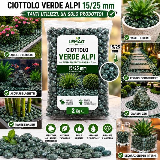 Ciottolo Verde Alpi 15/25 mm in Sacco da 2 kg Pietra Decorativa Naturale per Giardino Vasi Aiuole Interno Esterno - Lemag srl