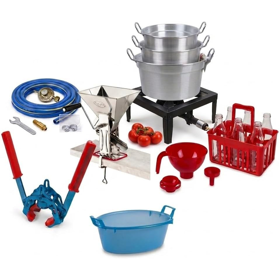 kit passata di pomodoro con fornellone completo di pentole in alluminio, passapomodoro, bottiglie e tappatrice per conserve.