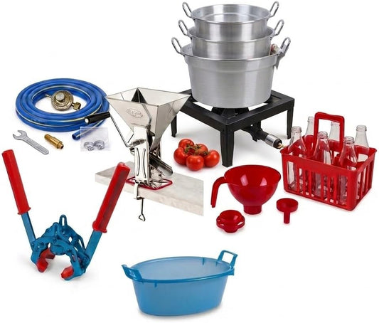 Kit passata di pomodoro con fornellone completo di caldaie, passapomodoro, bagnarola, tappatrice e imbuto per conserve.