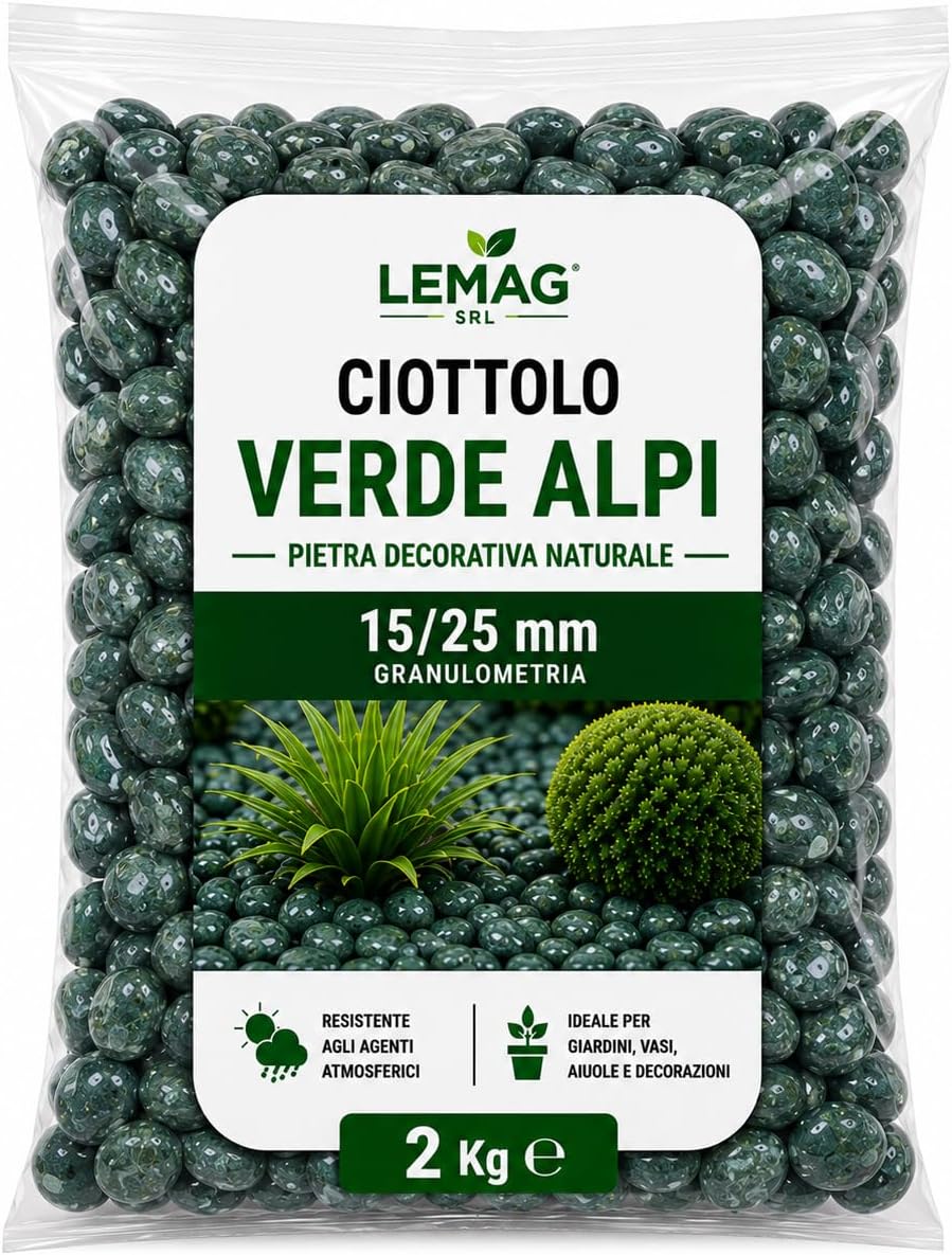 Ciottolo Verde Alpi 15/25 mm in Sacco da 2 kg Pietra Decorativa Naturale per Giardino Vasi Aiuole Interno Esterno - Lemag srl