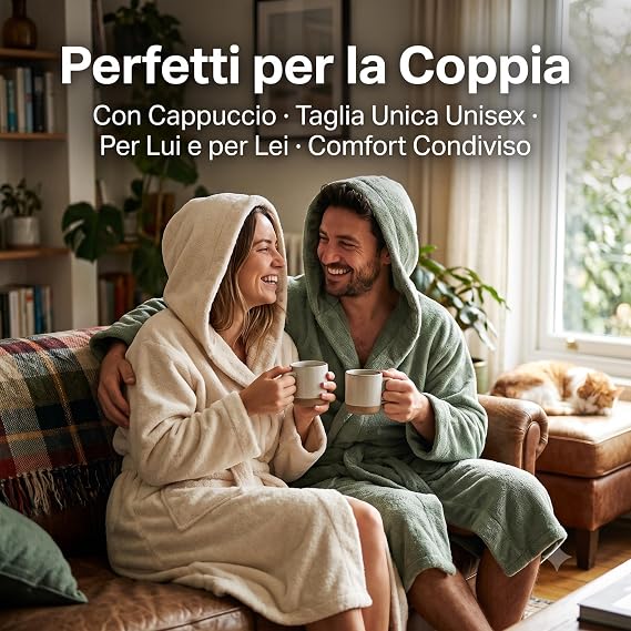 Coppia sorridente in relax con il set 2 accappatoi cotone con cappuccio unisex, taglia unica morbida e assorbente.