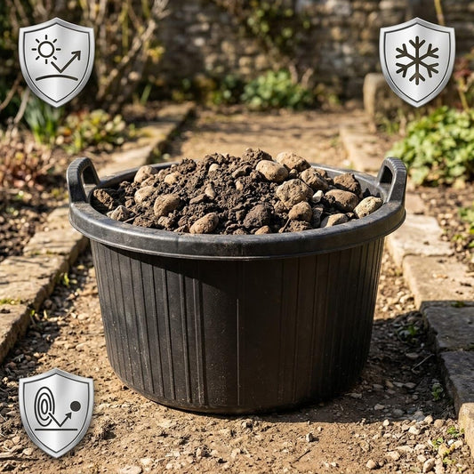 Mastello tondo in polietilene nero resistente a gelo e raggi UV, ideale come mastelli per vivaio riempito di terra.