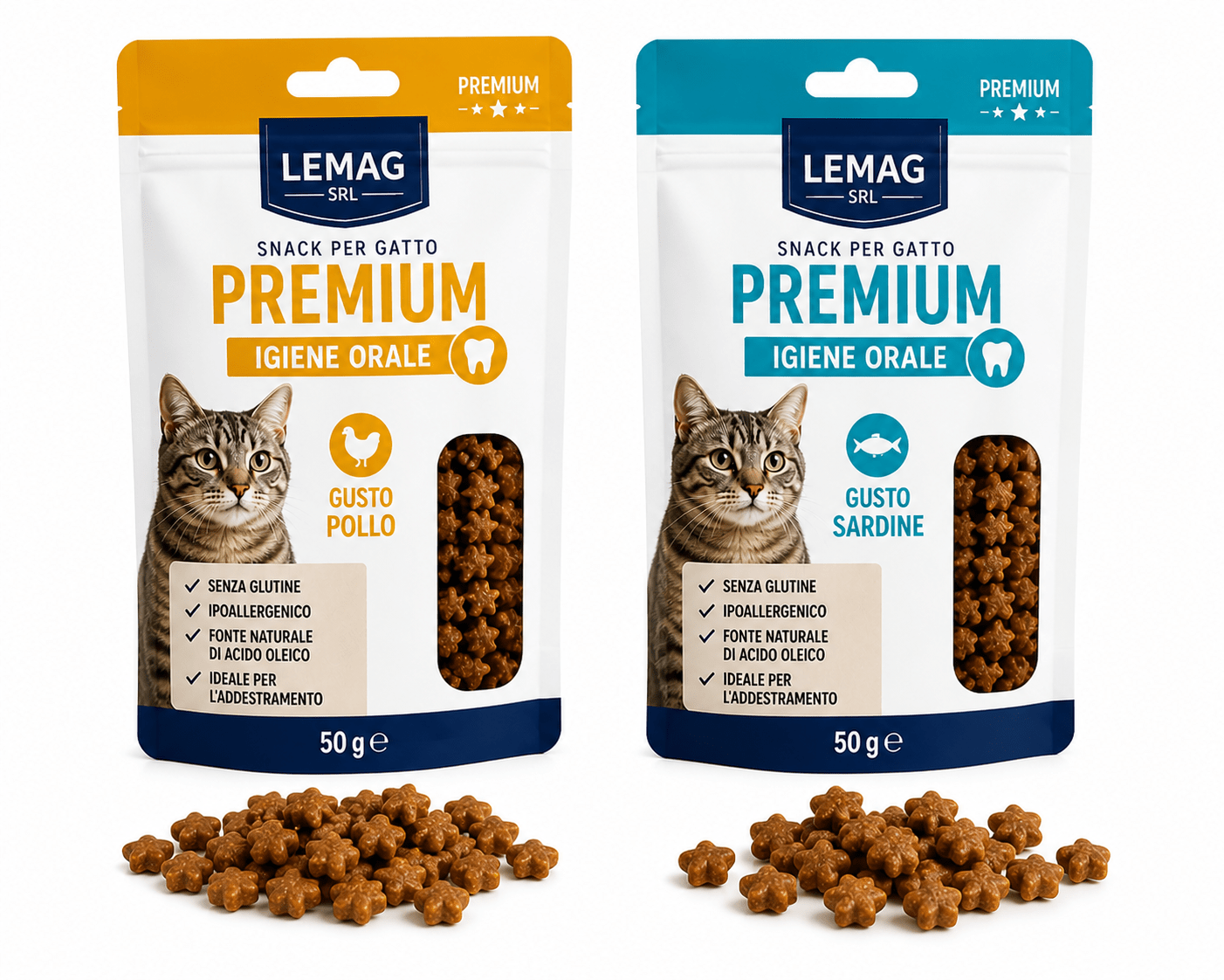 Snack per Gatto Premium 50g Igiene Orale Gusto Pollo o Sardine Senza Glutine Ipoallergenico - Lemag srl