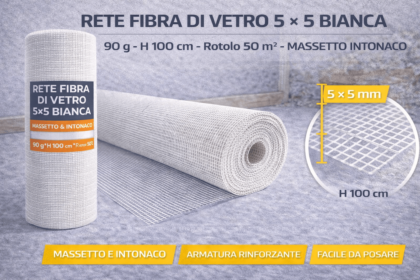 Rete Fibra di Vetro 5x5 Bianca 90g H100cm Rotolo 50mq Massetto Intonaco - Lemag srl