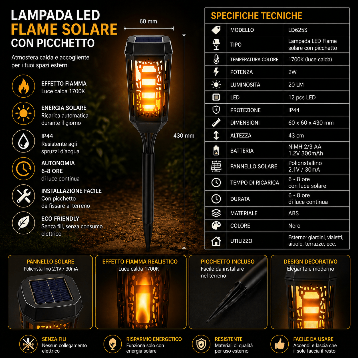Flame Solare con Picchetto 43 cm 1700K 2W IP44 Effetto Fiamma per Giardino Vialetti Esterni - Lemag srl