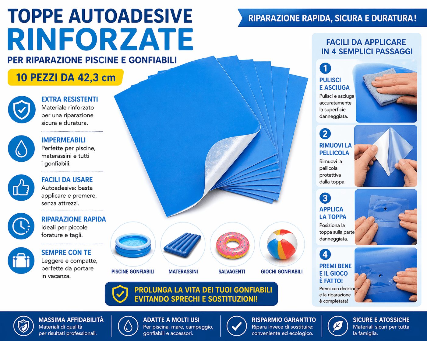 Toppe Riparazione Piscine Gonfiabili Autoadesive 10 Pz - Lemag srl