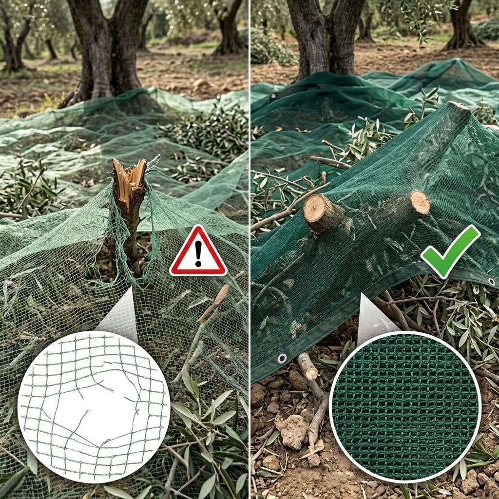 Rete antispina rinforzata del kit raccolta olive che resiste a rami e spine a confronto con una rete standard strappata.