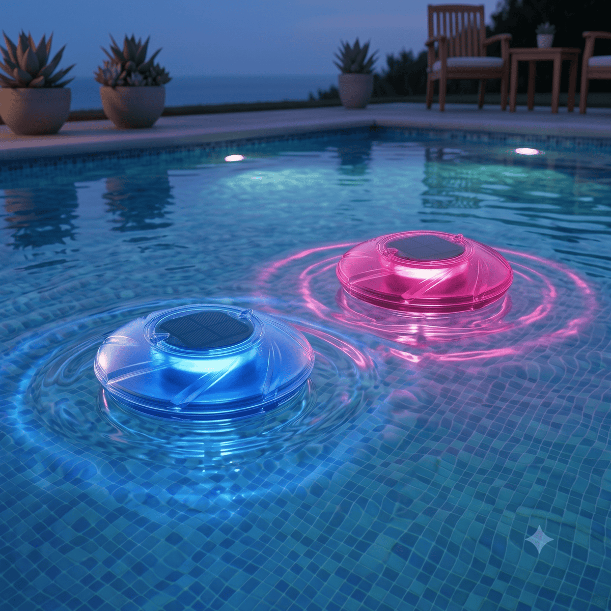 Due lampade solari galleggianti piscina a LED colorate in blu e rosa che illuminano l'acqua di sera.