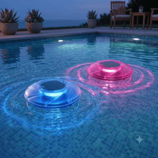 Set di due lampade solari galleggianti per piscina a LED colorate blu e rosa che illuminano l'acqua di notte.