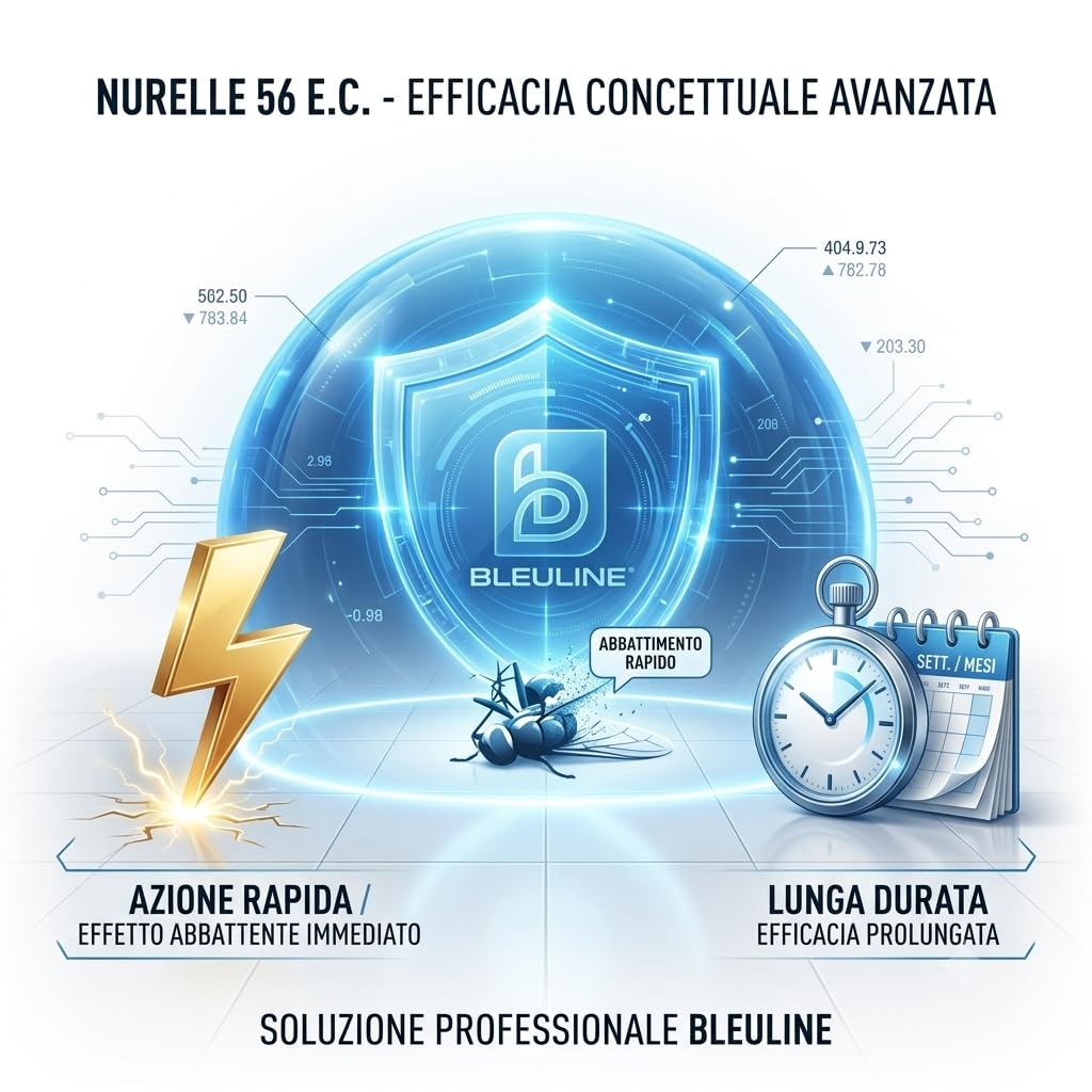 Grafica informativa di Nurelle 56 EC, insetticida alla cipermetrina Bleuline ad azione rapida e lunga durata contro gli insetti.