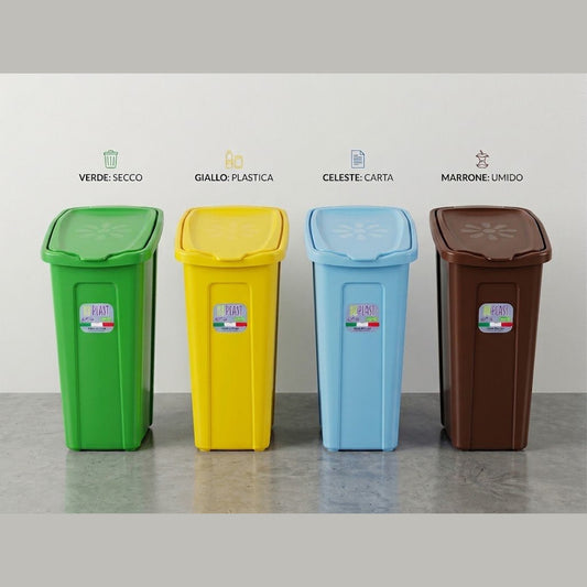 Set di 4 pattumiere slim raccolta differenziata colorate da 35 litri per una gestione comoda ed ecologica dei rifiuti.