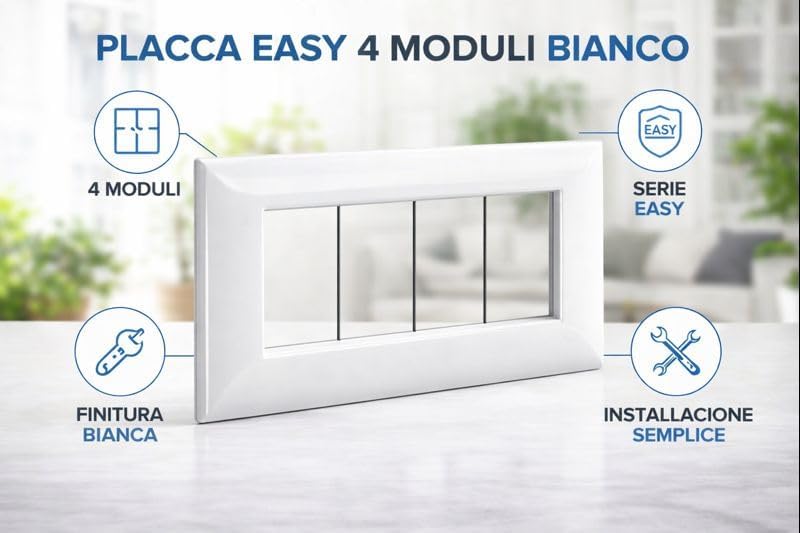 Placca Easy 4 Moduli Bianco – Coprifrutto per Impianti Elettrici Civili – Finitura Bianca - Lemag srl