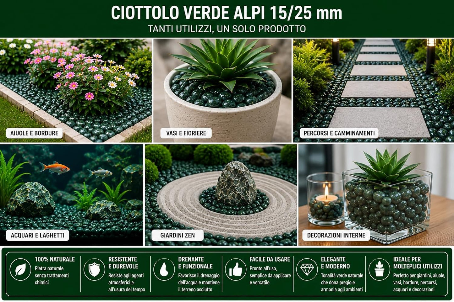 Ciottolo Verde Alpi 15/25 mm in Sacco da 2 kg Pietra Decorativa Naturale per Giardino Vasi Aiuole Interno Esterno - Lemag srl