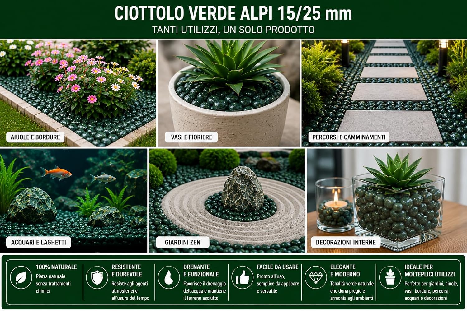 Ciottolo Verde Alpi 15/25 mm in Sacco da 2 kg Pietra Decorativa Naturale per Giardino Vasi Aiuole Interno Esterno - Lemag srl