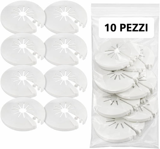 Rosoni apribili universali bianchi, set 10 copritubo per radiatori e stufe