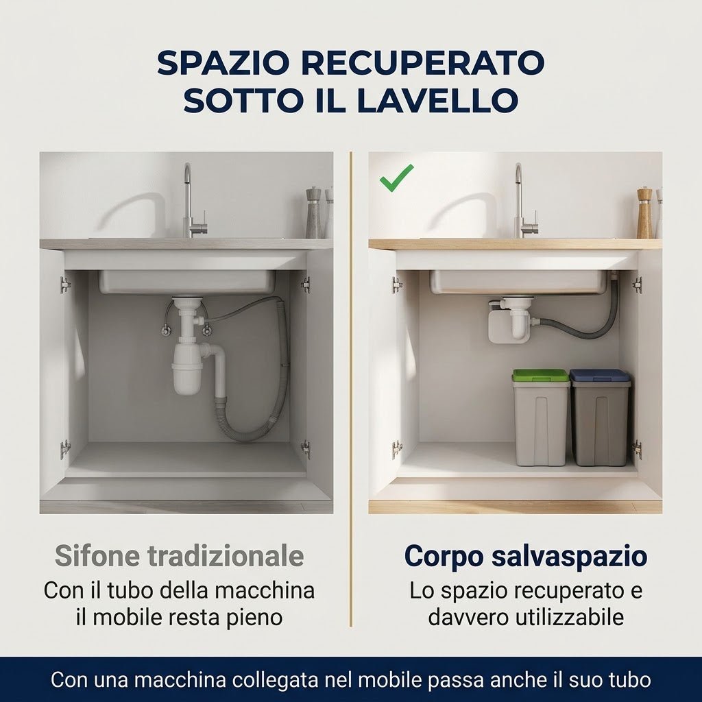 Confronto tra scarico tradizionale e sifone salvaspazio lavello che mostra lo spazio recuperato sotto il mobile.